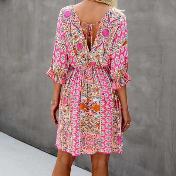 Bohemian Orange Paisley V neck Gypsy Mini Dress Cottagecore - Picture 7 of 16